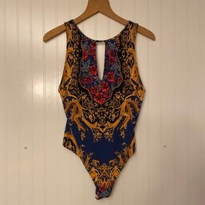 Free People Blue Floral & Gold Baroque Tank Bodysuit